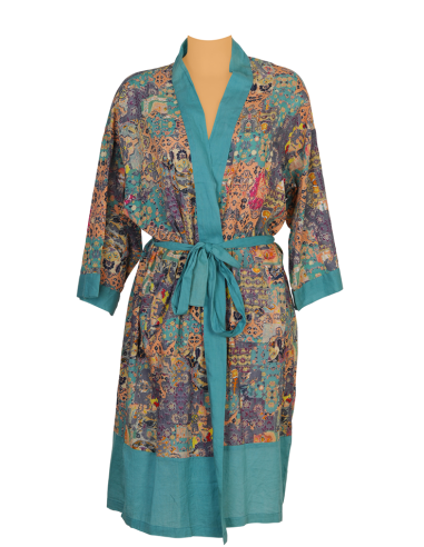 Kimono "Patchwork", col, revers et base turquoise 2 poches, ceinture,coton SMLXL