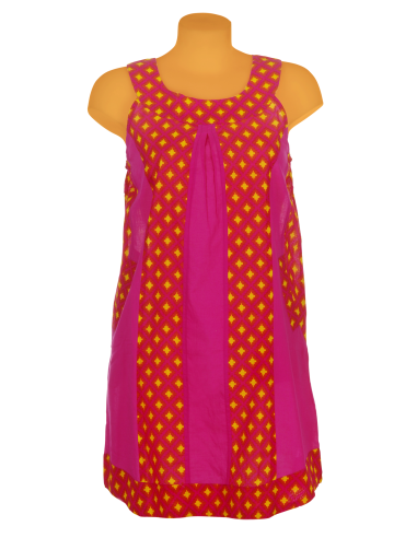 Robe coton rayée unie Fuschia/Imprimée, manches US, 2 poches côtés MLXL