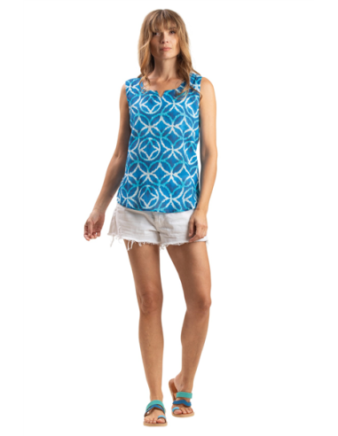 Top "Rosaces Bleu Pacifique" base arrondie,coton (S-M-L-XL)