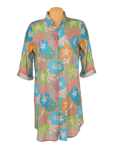 Chemise longue "Hibiscus",2 poches, boutonnée, base arrondie (S-M-L-XL)