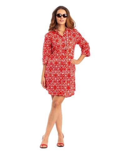 Chemise longue"Irène Rouge",2 poches,boutonnée, base arrondie,coton, S-M-L-XL