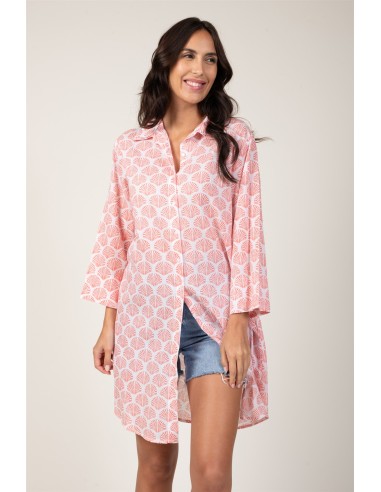 Chemise longue "Coquillage Marin Rose Poudré"boutonnée,base arrondie,2poches,cot