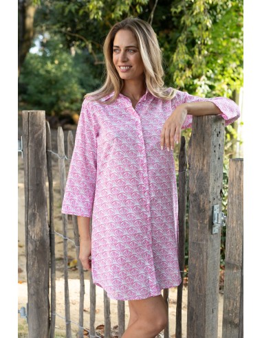 Chemise longue "Lotus Rose Poudré"boutonnée,base arrondie,2poches,cot (SMLXL)