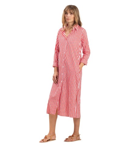 Chemise longue "Rayé Rouge pimenté",2 poches, boutonnée, base droite,coton,SMLXL