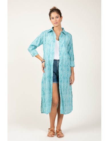 Chemise longue"Rayures Aqua"2 poches,boutonnée,base droite,cot (SMLXL)