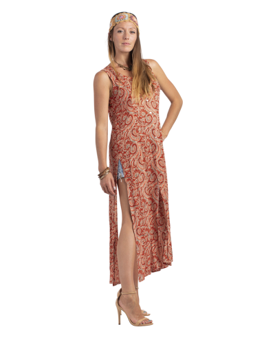 Tunique longue "Pesley Ocre" ss manch, boutonnée,ouverte jambes,dos lien