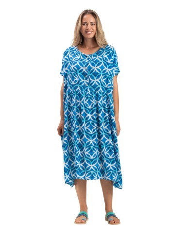 Robe oversize "Rosaces bleu Pacifique", 5 boutons, poches cotés, viscose TU