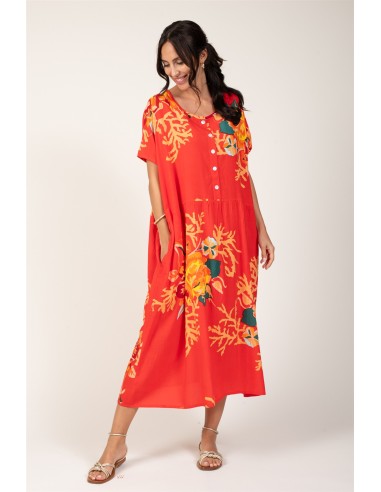 Robe oversize "Corail Fleuri Rouge Pimenté"5 boutons,poches cotés,viscose TU