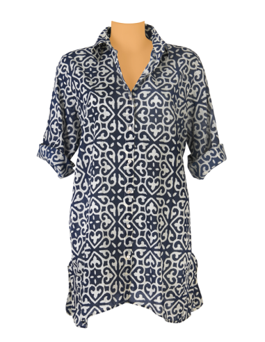 Chemise ample "Irène navy" boutonnée,faux boutons dos,coton (SMLXL)