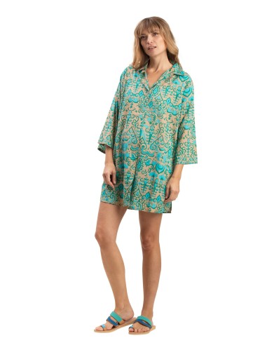 Chemise ample "Arabesques turquoise/vert" boutonnée,manches 3/4,faux boutons dos