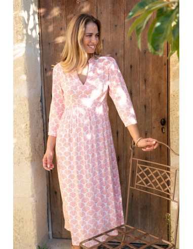 Robe longue "Coquillage Marin Rose Poudré"ceinture,ml,viscose (SMLXL)