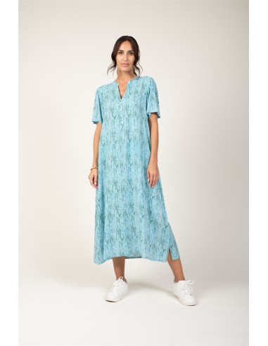 Robe longue "Rayures Bleu Océan"col mao,3 boutons,mc,viscose (SMLXL)