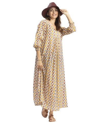 Robe ample "Losanges ocre" col v, m 3/4 smocké, pli poitrine, SMLXL coton