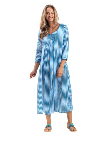 Robe ample"Rayée bleu pacifique" col v,m 3/4 smocké,pli poitrine,coton,SMLXL