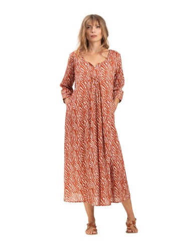 Robe ample "zebra ocre" col v, m 3/4 smocké, pli poitrine, coton, SMLXL