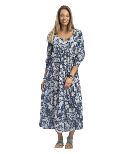 Robe ample "Papillons navy" col v, m 3/4 smocké, pli poitrine, SMLXL coton