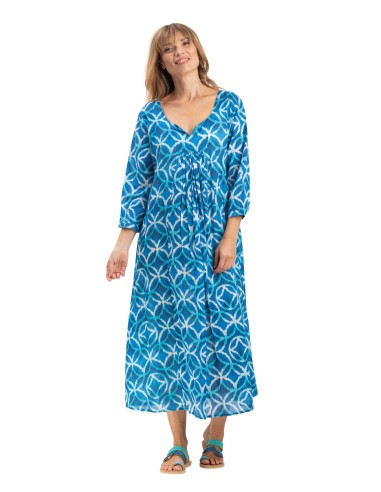 Robe ample"Rosaces bleu pacifique" col v,m 3/4 smocké, pli poitrine,coton, SMLXL