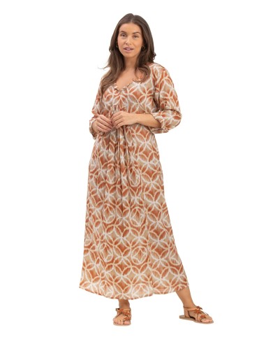 Robe ample "Rosaces pecan" col v, m 3/4 smocké, pli poitrine, coton, SMLXL