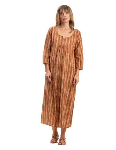 Robe ample "Pois marron pecan" col v, m 3/4 smocké, pli poitrine, coton, SMLXL