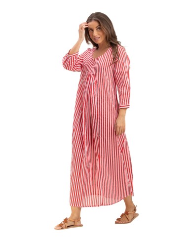 Robe ample "rayée rouge pimenté" col v, m 3/4 smocké, pli poitrine, coton, SMLXL