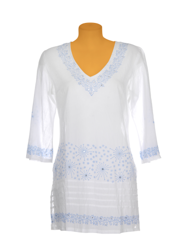 Tunique coton Blanche imprimé Bleu, manches amples, base fendue M/L/XL