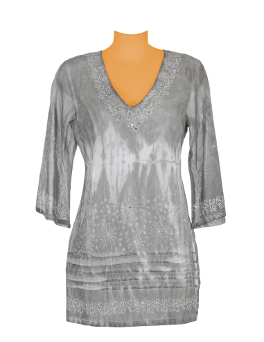 Tunique coton Tie&dye Gris étoilé, manches amples, base fendue M/L/XL