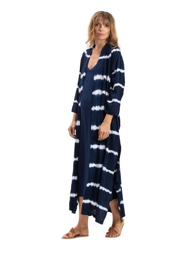 Robe longue droite "Navy Acapulco" col V, viscose, SMLXL