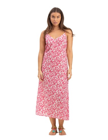 Robe longue droite "Papillons roses", col V, coton (S,M,L,XL)