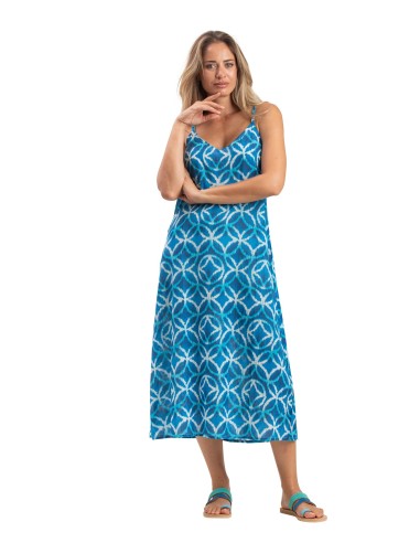 Robe longue droite "Rosaces Bleu pacifique", col V, coton (S,M,L,XL)