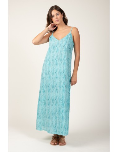 Robe longue droite "Rayures Aqua"col V,coton (SMLXL)