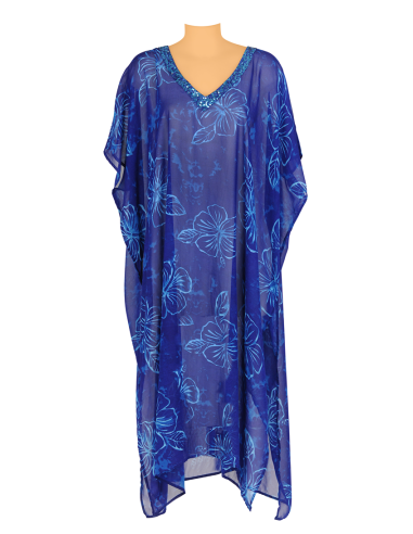 Kaftan indigo hibiscus, col V brodé perles, polyester TU