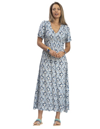 Robe mi-longue "Graphik bleu",col v, mc,froncé poitrine,viscose, SMLXL