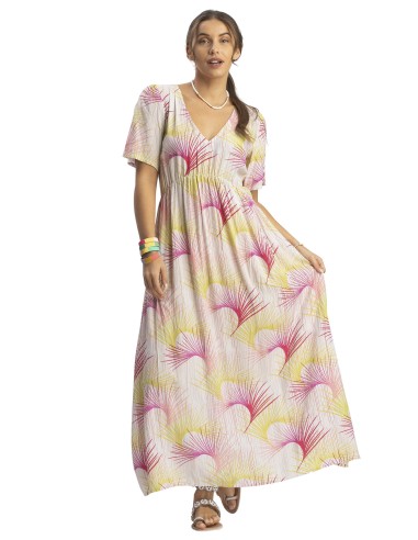 Robe mi-longue "Palmes roses",col v, mc,froncé poitrine,viscose, SMLXL