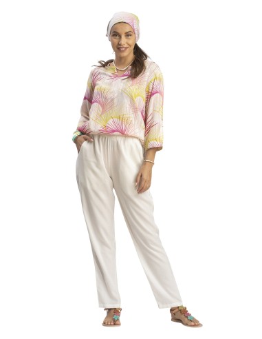 Top "Palmes roses" manche 3/4, col rond ouvert, viscose (S-M-L-XL)