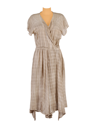 Robe longue ouverte, Washed Beige carreaux unis, ceinture milieu,manches courtes