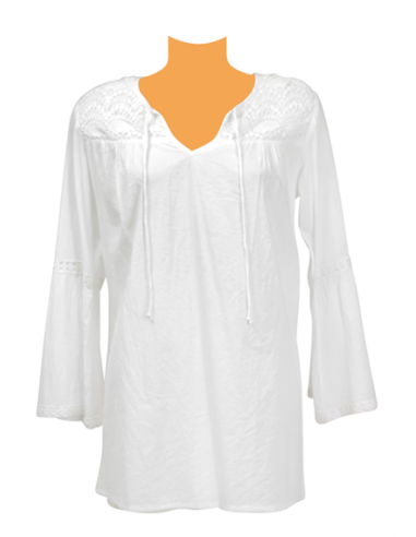 Blouse Blanche empiecement crochet col et devant, lien col manches longues