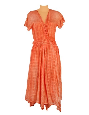 Robe longue ouverte,Washed Orange carreaux unis, ceinture milieu,manches courtes