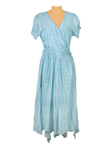 Robe longue ouverte, Washed Aqua carreaux unis, ceinture milieu,manches longues