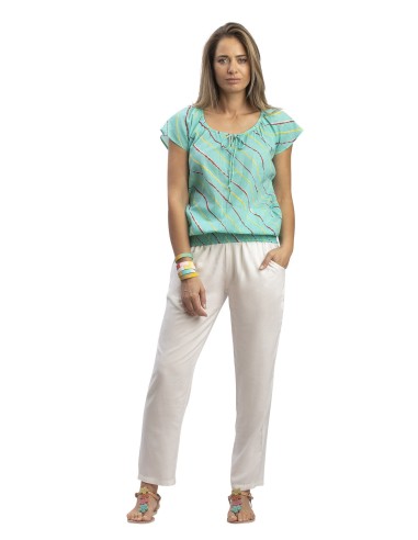 Pantalon blanc, ceinture smockée, 2 poches, viscose (S,M,L,XL)