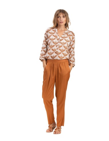 Pantalon "Marron noix de pécan" ceinture smockée, 2 poches, viscose SMLXL