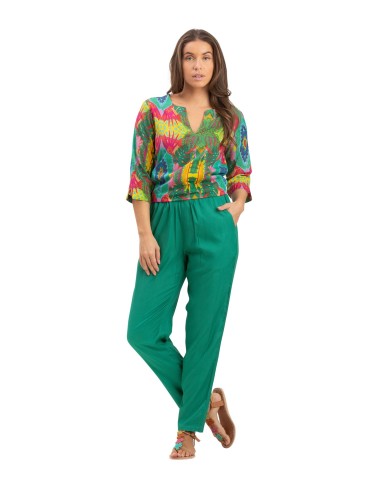 Pantalon "Vert Cactus" ceinture smockée, 2 poches, viscose SMLXL