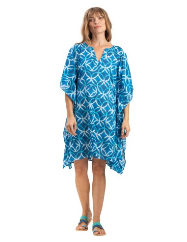 Kaftan "Rosaces bleu Pacifique", col v ouvert, coton  TU