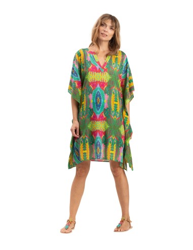 Kaftan "Multico Vert Cactus", col v ouvert, coton  TU