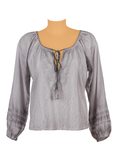 Top washed Gris, cordon pompons, coton, SMLXL