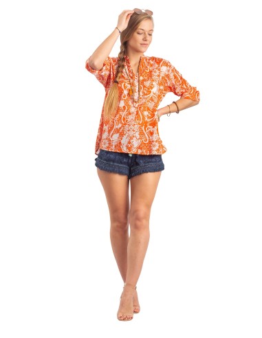 Tunique courte"Orange"col Mao,3 boutons,1 poche poitrine, coton (S,M,L,XL)