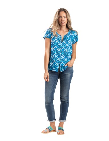 Top "Rosaces Bleu Pacifique" col rond, boutons, manches courtes, coton SMLXL