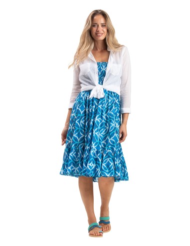 Robe mi-L/jupe"Rosaces bleu Pacifique"poitrin/taille smocké,ss manch,1volant,cot