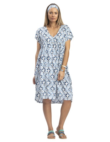 Robe ample mi-longue "Graphik bleu",col v, mc,froncée poitrine,viscose