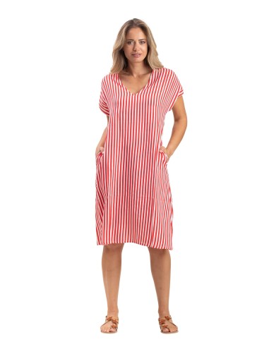 Robe ample mi-longue"Rayé Rouge pimenté"col v,mc,viscose (SMLXL)