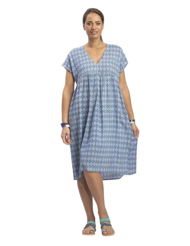 Robe ample mi-longue "Navy provence",col v, mc,froncée poitrine,viscose